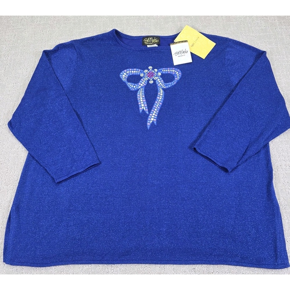 BOB MACKIE Wearable Art Royal Blue Metallic Sweater Embroidered Bow Women 3X NWT